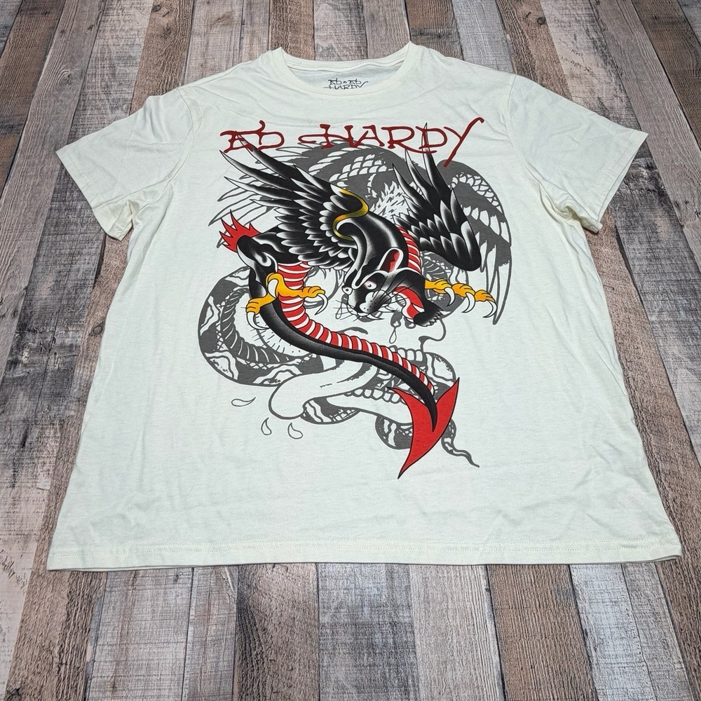 Vintage Ed Hardy Graphic T Shirt Men Large White Eagle Snake Grunge Skate Y2K